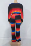 Blue Casual Striped Patchwork Frenulum O Neck Long Sleeve Two Pieces