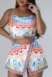 Multicolor Casual Print Patchwork Frenulum Slit Spaghetti Strap Sleeveless Two Pieces