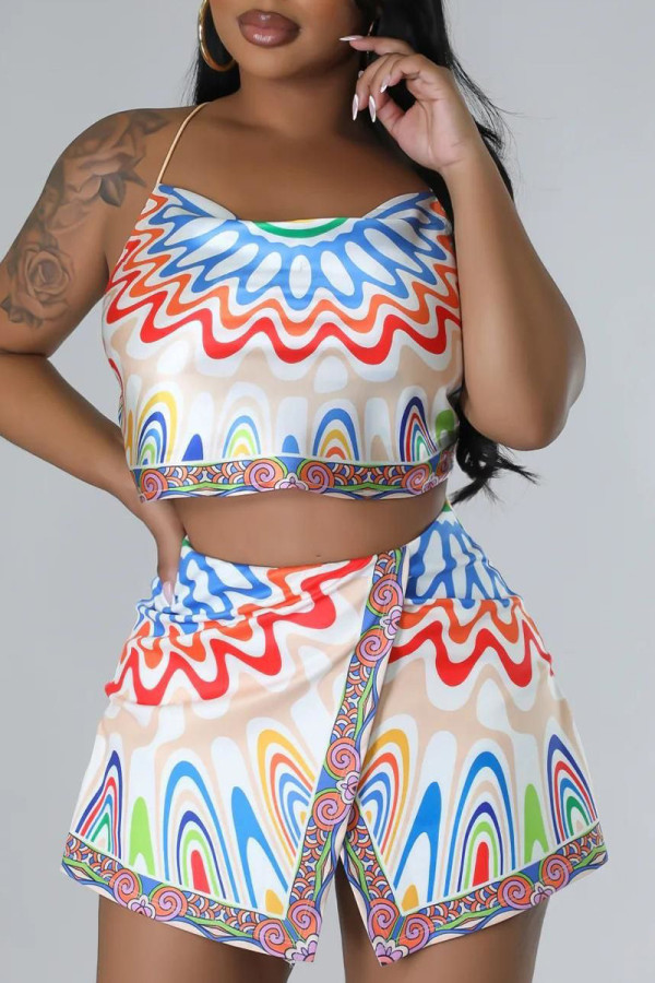 Multicolor Casual Print Patchwork Frenulum Slit Spaghetti Strap Sleeveless Two Pieces