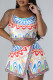 Multicolor Casual Print Patchwork Frenulum Slit Spaghetti Strap Sleeveless Two Pieces