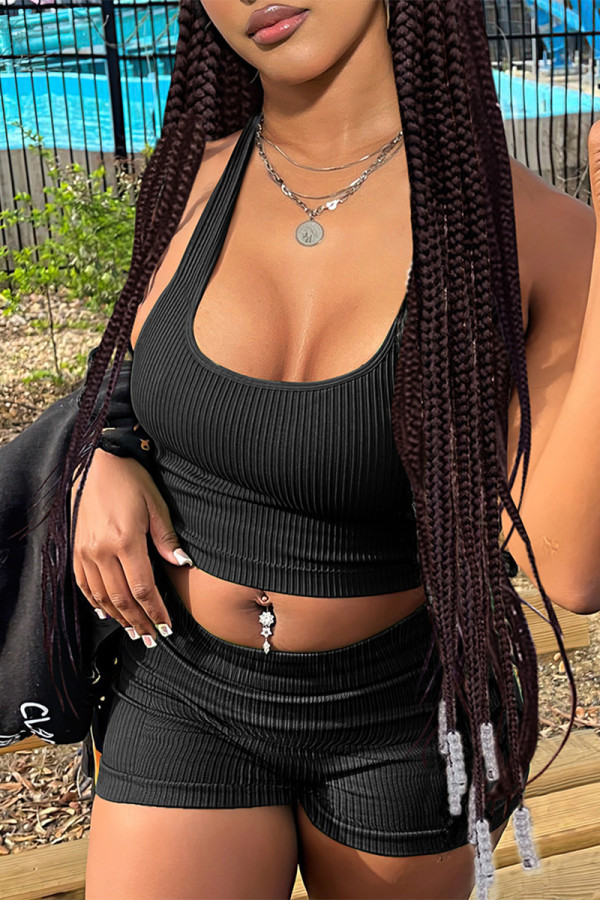 Black Casual Solid Patchwork U Neck Sleeveless Two Pieces