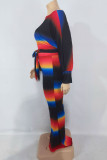 Blue Casual Striped Patchwork Frenulum O Neck Long Sleeve Two Pieces