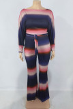 Blue Casual Striped Patchwork Frenulum O Neck Long Sleeve Two Pieces