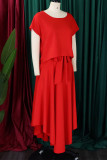 Red Elegant Solid Patchwork Flounce O Neck Short Sleeve Two Pieces(With Belt)