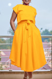 Red Elegant Solid Patchwork Flounce O Neck Short Sleeve Two Pieces(With Belt)