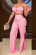 Pink Sexy Solid Fold Spaghetti Strap Sleeveless Two Pieces