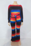 Blue Casual Striped Patchwork Frenulum O Neck Long Sleeve Two Pieces