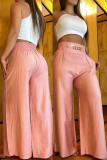 Apricot Casual Solid Pocket Metal Accessories Decoration Loose Wide Leg Solid Color Bottoms