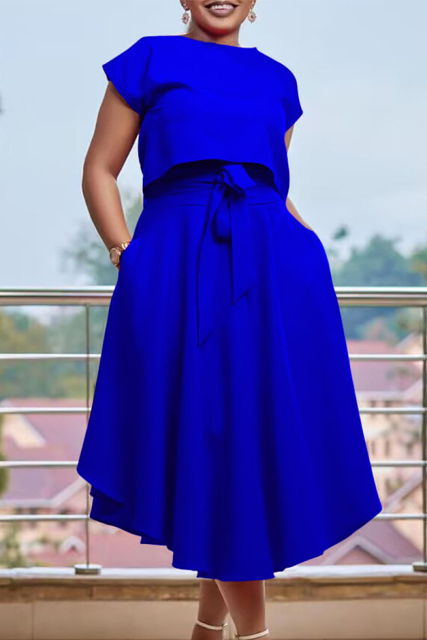 Blue Elegant Solid Patchwork Flounce O Neck Short Sleeve Two Pieces(With Belt)