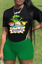 Green Casual Character Print Letter O Neck Short Sleeve Two Pieces