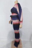 Blue Casual Striped Patchwork Frenulum O Neck Long Sleeve Two Pieces