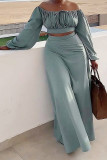 Light Blue Casual Vacation Solid Slit Fold Off the Shoulder Long Sleeve Two Pieces
