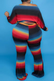 Blue Casual Striped Patchwork Frenulum O Neck Long Sleeve Two Pieces