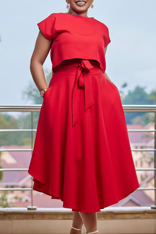 Red Elegant Solid Patchwork Flounce O Neck Short Sleeve Two Pieces(With Belt)