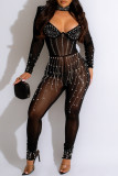 Black Sexy Party Elegant Beading Hot Drill Asymmetrical Collar Skinny Jumpsuits
