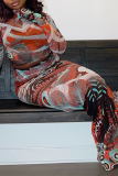 Colour Vintage Print Patchwork Mesh O Neck Long Sleeve Two Pieces
