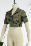 Green Casual Camouflage Print Patchwork Asymmetrical Shirt Collar Tops