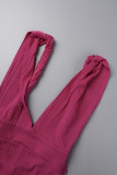 Rose Red Sexy Casual Solid Backless V Neck Regular Jumpsuits