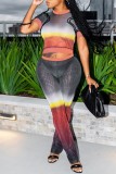 Colour Sexy Gradual Change Print Patchwork See-through O Neck Short Sleeve Two Pieces