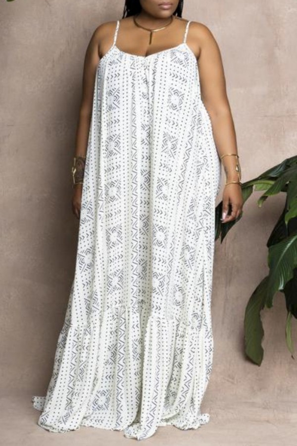 White Sexy Casual Print Backless Spaghetti Strap Long Dress Dresses