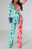 Green Red Casual Print Patchwork Frenulum V Neck Regular Jumpsuits