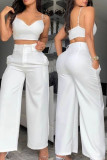 White Casual Solid Backless Spaghetti Strap Sleeveless Two Pieces