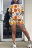 Deep Blue Casual Print Patchwork O Neck Short Sleeve Two Pieces