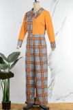 Orange Casual Work Elegant Plaid Print Patchwork Shirt Collar Skinny Jumpsuits