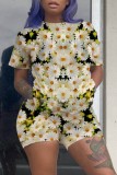 Multicolor Casual Print Basic O Neck Short Sleeve Two Pieces