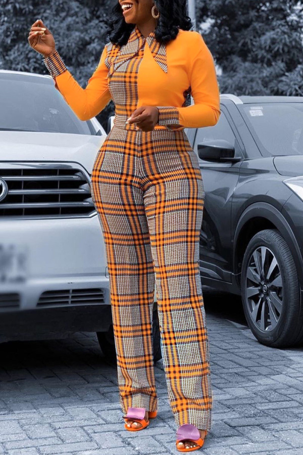 Orange Casual Work Elegant Plaid Print Patchwork Shirt Collar Skinny Jumpsuits