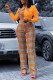 Orange Casual Work Elegant Plaid Print Patchwork Shirt Collar Skinny Jumpsuits