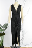 Black Sexy Street Elegant Solid High Opening Fold V Neck One Step Skirt Dresses