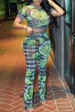 Green Casual Print Patchwork O Neck Short Sleeve Two Pieces