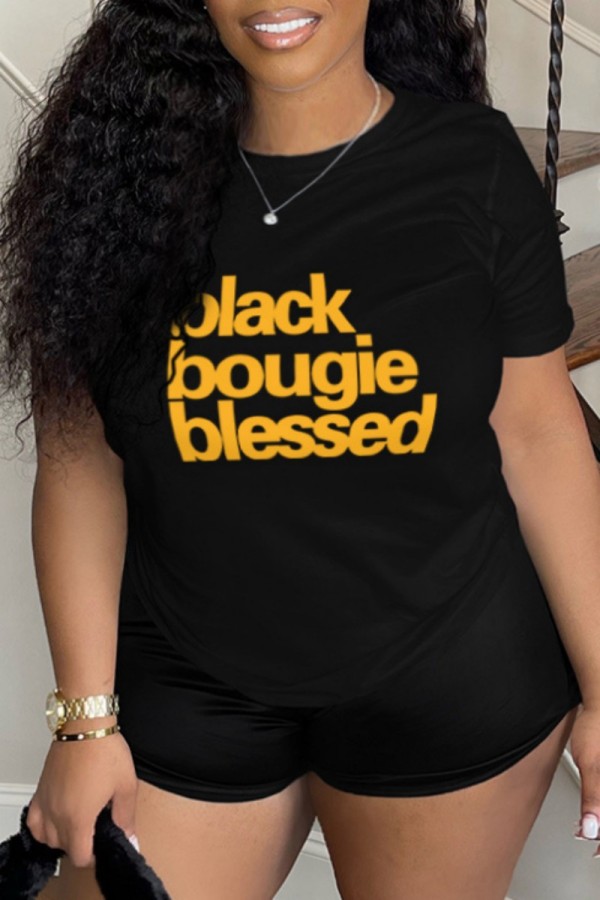 Black Casual Letter Print Basic O Neck T-Shirts