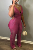 Rose Red Sexy Casual Solid Backless V Neck Regular Jumpsuits