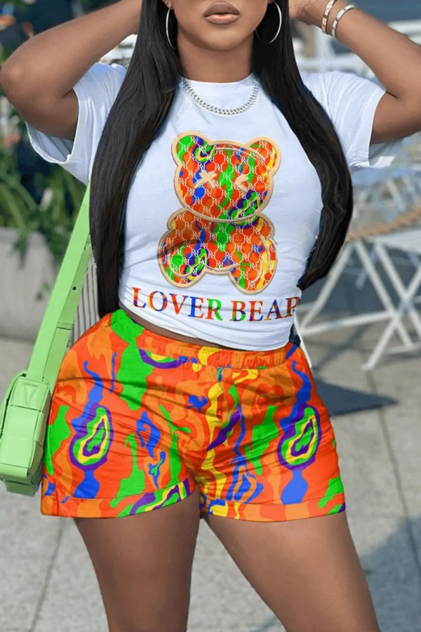 Orange Casual Print Basic O Neck Short Sleeve Two Pieces