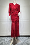 Red Elegant Solid Slit Fold V Neck Wrapped Skirt Dresses