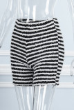 Black Casual Striped Patchwork Skinny High Waist Conventional Patchwork Shorts
