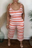 Orange Casual Striped Print Bandage Backless U Neck Regular Jumpsuits