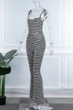 Black Sexy Casual Street Striped Backless Spaghetti Strap Regular Jumpsuits