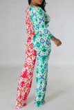 Green Red Casual Print Patchwork Frenulum V Neck Regular Jumpsuits