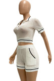 Pink Sportswear Solid Hollowed Out Pocket Buttons Turndown Collar Short Sleeve Two Pieces