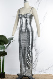 Silver Sexy Solid Backless Spaghetti Strap Long Dress Dresses