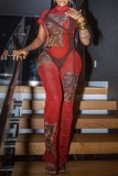 Red Sexy Print Patchwork Half A Turtleneck Skinny Jumpsuits