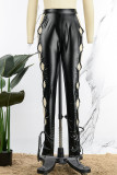 Black Sexy Casual Solid Hollowed Out Skinny High Waist Pencil Solid Color Trousers