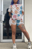 Deep Blue Casual Print Patchwork O Neck Short Sleeve Two Pieces