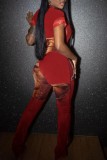 Red Sexy Print Patchwork Half A Turtleneck Skinny Jumpsuits