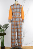 Orange Casual Work Elegant Plaid Print Patchwork Shirt Collar Skinny Jumpsuits