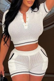 Pink Sportswear Solid Hollowed Out Pocket Buttons Turndown Collar Short Sleeve Two Pieces