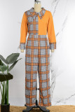 Orange Casual Work Elegant Plaid Print Patchwork Shirt Collar Skinny Jumpsuits